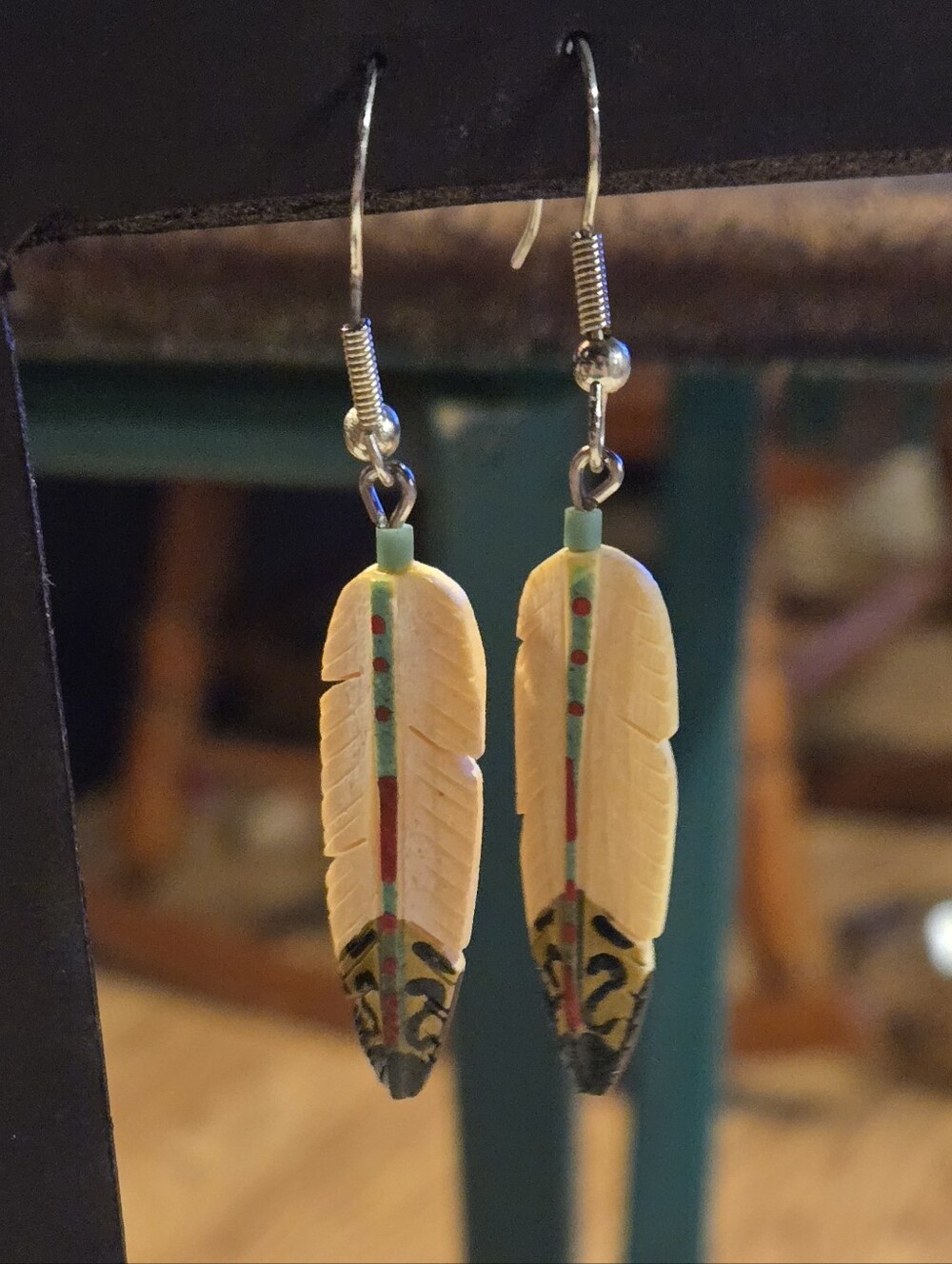 Southwestern Feather Drop Earrings with Painted Turquoise & Red Accents -